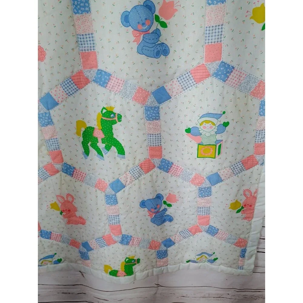 Vintage Baby Quilt Green Yellow Horse Pink Bunny Blue Polka dot Bear Tulips Flow